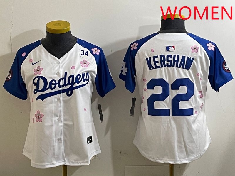 Women Los Angeles Dodgers #22 Kershaw White Blue Sakura Edition 2025 Nike MLB Jersey style 7->women mlb jersey->Women Jersey